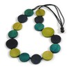 Avalaya Blue/Olive/Teal Geometric Round Wooden Bead Necklace with Adjustable Black