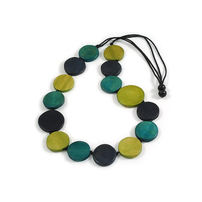 Avalaya Blue/Olive/Teal Geometric Round Wooden Bead Necklace with Adjustable Black