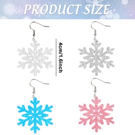 Whaline 4 Pairs Winter Snowflake Acrylic Earrings Christmas Clear Silver Blue Pink Glitter Dangle Earrings Xmas Drop Earrings for Women Jewelry Party Gift Accessories Supplies