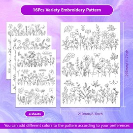 ORIGACH 4 Sheets 12 Pcs Water Soluble Embroidery Patterns Stabilizers - Pre-Printed Floral & Flowering Shrubs Designs - Stick & Stitch Embroidery Paper for Hand Sewing Lovers