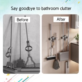 Dercyce Broom Holder Mop Hanger No Punch Broom Hanger, Wall Mount Mop Holder with Suction Cups & Hooks Space-Saving Organizer for Home, Garage, Laundry Room (White+Black)