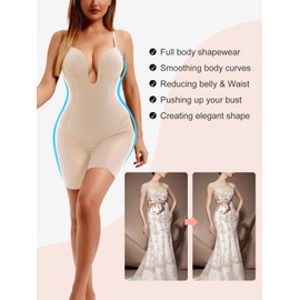 Decorus Women's Strapless Backless Shapewear Tummy Control Low Back Full Deep Plunge Beige Bodysuit Mid Thigh Control Shaping Body Shaper for Women