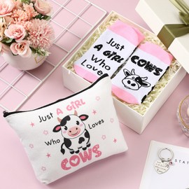 Geiserailie 3 Pcs Cow Lover Gift for Women Funny Cow Keyring Makeup Bag Sock Cow Just a Girl Who Loves Cows Keychain Cow Farmer Gift Animal Lover Gift