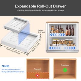 2-Pack Pull Out Cabinet Organizer Expandable, 21" Adhesive Pull Out Drawers Cabinet Roll out Shelves( NOT for Cabinets with Lips/Frame)for Kitchen Pantry Bathroom, Peel & Stick Pull out Drawers