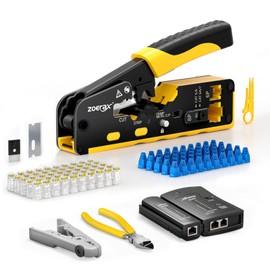 Cat7 RJ45 Crimping Tool, Cat 7 Cat6 Cat5 Pass Through Ethernet Crimping Tool Kit, Network Crimping Tool With Cable Tester, Multiply Stripper, Blades,50Pcs Cat 6 Connectors and Strain Relief Boots