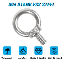 Eye Bolt M6, 6 Pieces 304 Stainless Steel Eye Bolts, Eye Bolt Ring Round, Eye Bolt Round Ring Bolts, Male Thread Ring Bolt Hardware Eye Bolts for Roll of Fixing and Hanging
