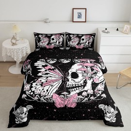 Butterfly Skull Comforter Set Twin Size Pink Mushroom Quilted Duvet Gothic Starry Galaxy Moon Bedding Set 2pcs for Kids Teens Girls Boys Bedroom Decor Trippy Plants Duvet Insert,1 Pillowcase