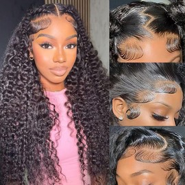 Lemeiily 13x6 Deep Wave Lace Front Wigs Human Hair 200 Density 16 Inch Curly Wig 13x6 HD Lace Front Wigs Human Hair Glueless Wigs Human Hair Pre Plucked for Black Women Natural Color