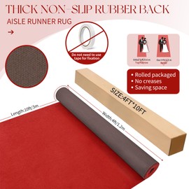 Red Carpet Runner for Party 4x10 ft，Extra Thick Non-Slip Rubber Back Red Aisle Runway Rug for Step，Felt Rug for Proms Proposal Wedding Ceremony Decorations Event Runway Long Term Use-4x10ft
