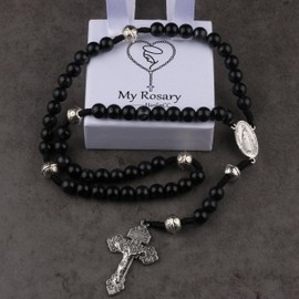 HanlinCC 10mm Beads Catholic Rosary Necklace with Miraculous Center piece and Pardon Crucifix with Gift Box for Men and Women (Black Rosary)