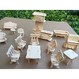 Dollhouse Furniture - Laser Cut Wooden 3D Puzzle DIY Miniature Doll House Kit House Furniture Set - 34 Pieces