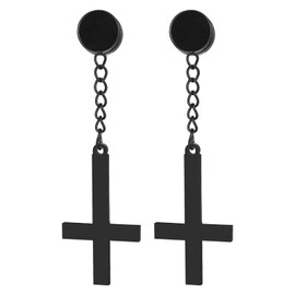 OIDEA Mens Inverted Cross Earrings: Stainless Steel Non Pierced Magnetic Earrings for Men Hoop Dangle Hinged Upside Down Cross Clip on Earrings Jewelry Gifts for Men Women Black