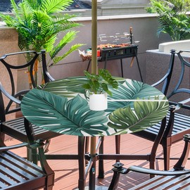 KNEMI Outdoor Round Tablecloth with Umbrella Hole, Tropical Leaves Patio Table Cover Fitted Tablecloth Waterproof Umbrella Table Cover for Party Picnic,Fit for 36"-44" Round Tables