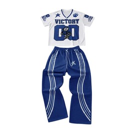 GORGLITTER Men's 2 Piece Beach Vacation Outfits Number Print Short Sleeve Jersey Shirts Drawstring Waist Pants Set Blue Medium