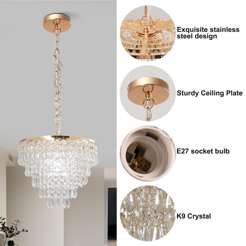 FRIXCHUR 11.8'' Gold Crystal Chandelier LED Flush Mount Crystal Ceiling