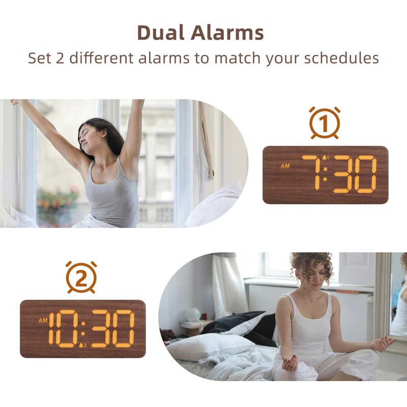 uscce Wooden Digital Alarm Clocks for Bedrooms: Dimmable Dual Alarm