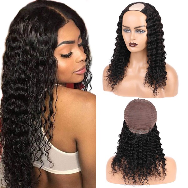 U Part Wig 100% Human Hair Wigs Deep Wave for Black Women 150% Density Natural and Soft Brazilian Glueless U Part Hair Extensions Clip In Half Machine Made Wigs 16 Inch Natural Colour