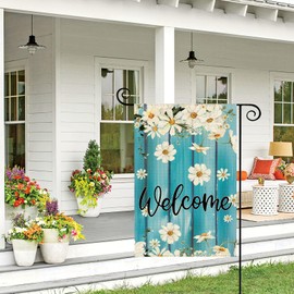 Spring Floral Garden Flag 12x18 Inch Double Sided Burlap Daisy Welcome Wood Grain Seasonal Holiday Yard Outdoor Flag
