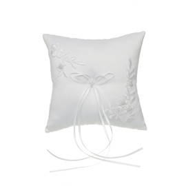 Venus Jewelry Pearl Embroided Flower Leaves Wedding Ring Bearer Pillow 7 Inch x 7 Inch - White RP010W