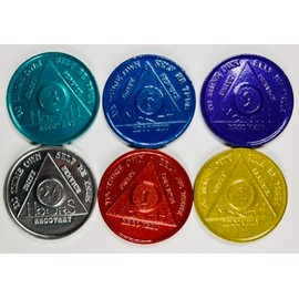 Wendells Chips Bulk Lot 150 Aluminum Chips 6 Rolls AA - 1 Roll of Each Month 1, 2, 3, 6, 9 and 1 Roll of The 24 Hour Chips 150 AA Tokens/Medallions