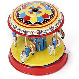 BOLLUMA MS271 Retro Wind Up Pony Merry Go Round Tin Toy Clockwork Funny Gear High-wheel Carousel Vintage Mechanical Toys Collectible Gifts for Christmas Birthday Thanksgiving