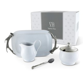 Vagabond House Stoneware Creamer Set with Pewter Antler Handles Tray 5 Pieces creamer pitcher, lidded sugar bowl, decorative handle sugar spoon 12.25 inch Long Tray