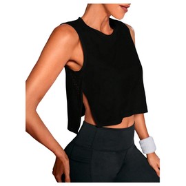 OYOANGLE Women's Side Cut-Outs Workout Sleeveless Tank Top Crew Neck Split Hem Shirts Gym Yoga Running Black X-Large