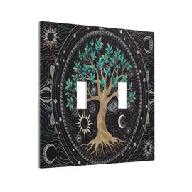 Tree of Life Blackground Double Toggle Light Switch Cover Decorative Hippie Sun Moon Star 2 Gang Wall Plate Electrical Faceplate Switchplate Art Panel for Bathroom Bedroom Living Room Decor