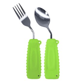 Ehucon Adaptive Weighted Silver Tableware Angle Spoon and Fork Set for Hand Tremors Parkinsons Independent Food (Right Hand, Green, Pack of 2 Count)