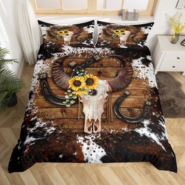 Cow Skull Duvet Cover Set Twin Size,Cow Fur Wooden Plank Farmhouse Bedding Set for Boys Girls Men Room Decor,Cowboy Horseshoe Sunflower Comforter Cover,White Brown Rustic Quilt Cover,1 Pillowcase