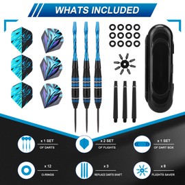 Darts Metal Tip Professional Set 23 g, Steel Darts Blue Colour Gradient, 3 Pieces Steel Darts with Steel Tip, 6 Dart Flight 12 O Rings Rubber 3 Additional Dart Shafts 8 Flight Protectors Dart