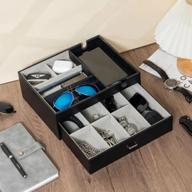 ProCase Father's Day Gift 2 Layers Valet Tray, Nightstand Organizer EDC Dump Catchall Trays with Phone Charging Station, Dresser Top Table Beside Entryway Storage Box -Black