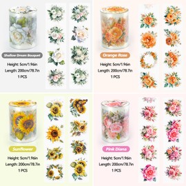 Syphotmm 4 Rolls Floral Washi Tape Set Flower Washi Tape Stickers Sunflower Rose Decorative Masking Tape Vintage Pet Tape Decorative for Crafts Journaling DIY Scrapbook Supplies
