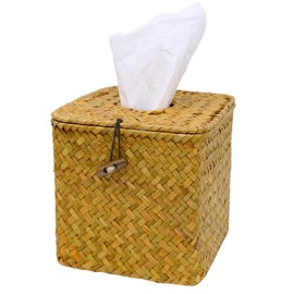 INHEMING Woven Wicker Paper Holder, Household Square Seagrass Facial Tissue Box, Tissue Box Cover Square Napkin Holder, for Home Office Car (14 x 14 x 14 cm)