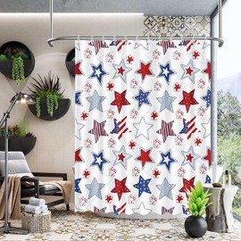 MEHOFOND 4th of July Shower Curtain Independence Day American Red White and Blue Stars Bathroom Curtain President's Day Patriot Home Bathtub Decor Fabric Waterproof Bath Curtain 72x72 Inch