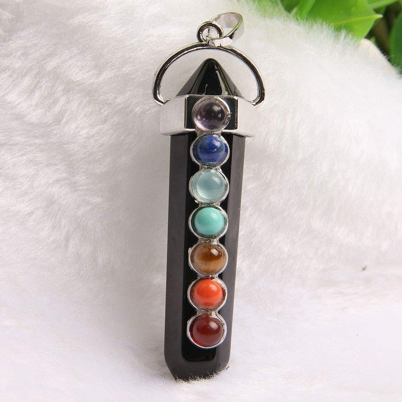 Acxico 1Pcs Black Tourmaline Protection 7 Chakra Pendant Real Crystal