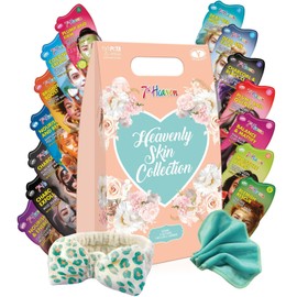 7th Heaven Heavenly Skin Face Mask Set (14 Face Masks, Cleansing Cloth & Leopard Print Headband). Cream & Peel Off Masks, Pamper Gifts for Women - Genuine 7th Heaven Face Masks Skincare