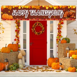 Large Thanksgiving Sign, Turkey Maple Leaves Pumpkin Fall Banner for Home Birthday Party Yard, 8.2 x 1.5 Feet