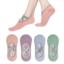 Fiohiros 4 Pairs Pilates Socks with Grips For Women,Yoga Socks with Multiple Colors Non Slip Socks for Yoga, Pilates, Ballet, Daily Wear (AU, Numeric, 7, Regular, Regular, Pink purple blue green)