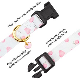 Cotton Handmade Dog Collar Cute and Distinctive Patterns White and Pink Love Heart with Pendant for Girl Boy Dogs Collars M
