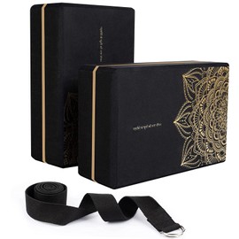 Bloques de Yoga 2 Pack con Correa Set, Bloques de Pilates de Espuma EVA de Alta Densidad Superficie Antideslizante Ladrillo de Yoga para Mejorar la Fuerza, la Flexibilidad y el Equilibrio (Negro)