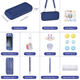 InnoAura Switch Lite Funda 15 en 1 Switch Lite Accesorios Paquete con funda de transporte, funda de juego, protector de visualización, soporte, empuñaduras para pulgar (azul)