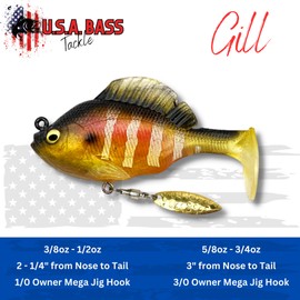 USA Bass Tackle - Hand Poured Underspin Gill - Weedless Gilly Paddletail Sleeper Swimbait with Bass-Tech Soft Plastic & Owner Mega Jig Hook Largemouth Smallmouth Spotted Bass (1/2, Gill)