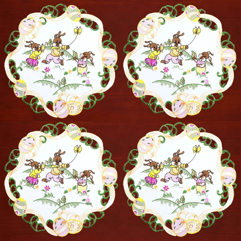 Simhomsen Embroidered Easter Bunny Round Doily Placemats with Butterfly Design