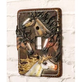 Ebros Gift Set of 2 Western Rustic 4 Colorful Wild Horses Wall Single Toggle Switch Plates