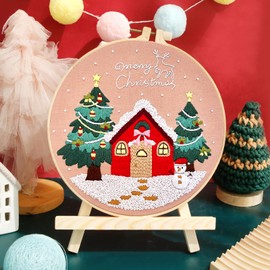 JSRQT 3Pcs Christmas Full Rang Embroidery Starter Kit, Stamped Cross Stitch Kit for Beginner Adults, Hand Embroidery Kit with Snow House Christmas Tree Candy Pattern, Embroidery Tool for Craft Supply