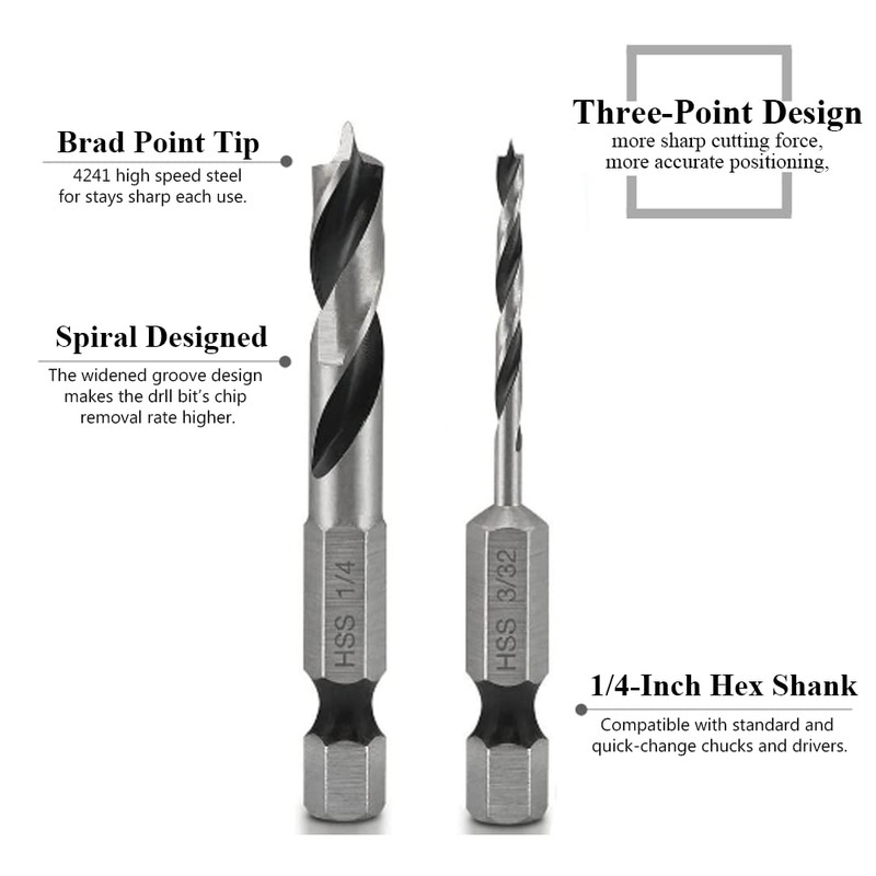 Gasea 6pcs Brad Point Drill Bits Set1/4-Inch Hex Shank HSS