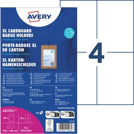 AVERY Zweckform 4839XL Name Badges for Clothing Pack of 50 (148 x 105 mm, A6 Name Plate Pockets Including 52 Blank Inserts, Card ID Sleeves Printable), White