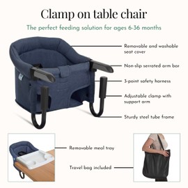 évolur Clamp-On Comfort Table Chair, Portable Clip-On High Chair for Babies & Toddlers (6–36 Months), Removable Washable Seat Cover, Dishwasher-Safe Tray, Foldable Design with Carry Bag – Navy