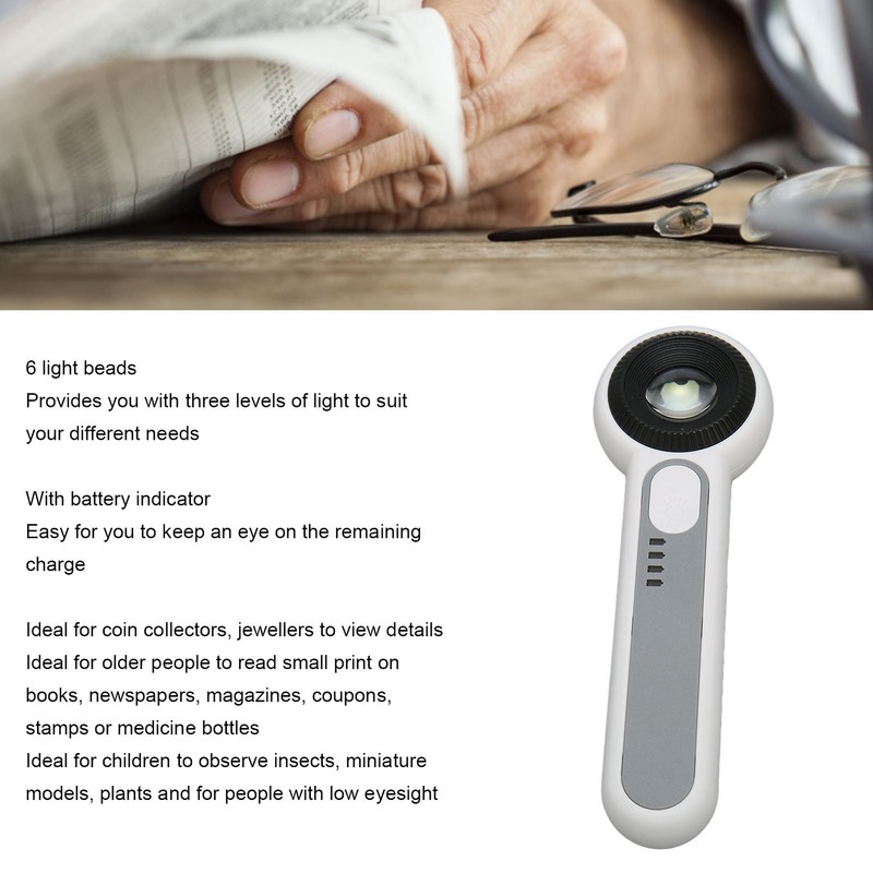30X Handheld Magnifier 3 Levels Brightness Adjustment Touch Control LED